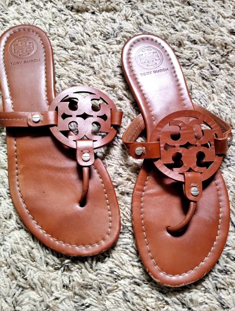 Tory Burch Miller Brown Leather Flat Sandals Sz 10
